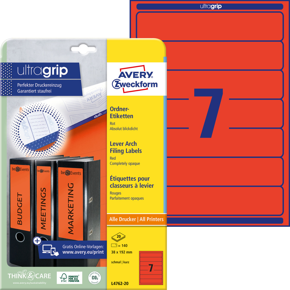 Etykiety na segregator Avery L4762-20, 192 x 38 czerwone, wąskie, 140 etykiet