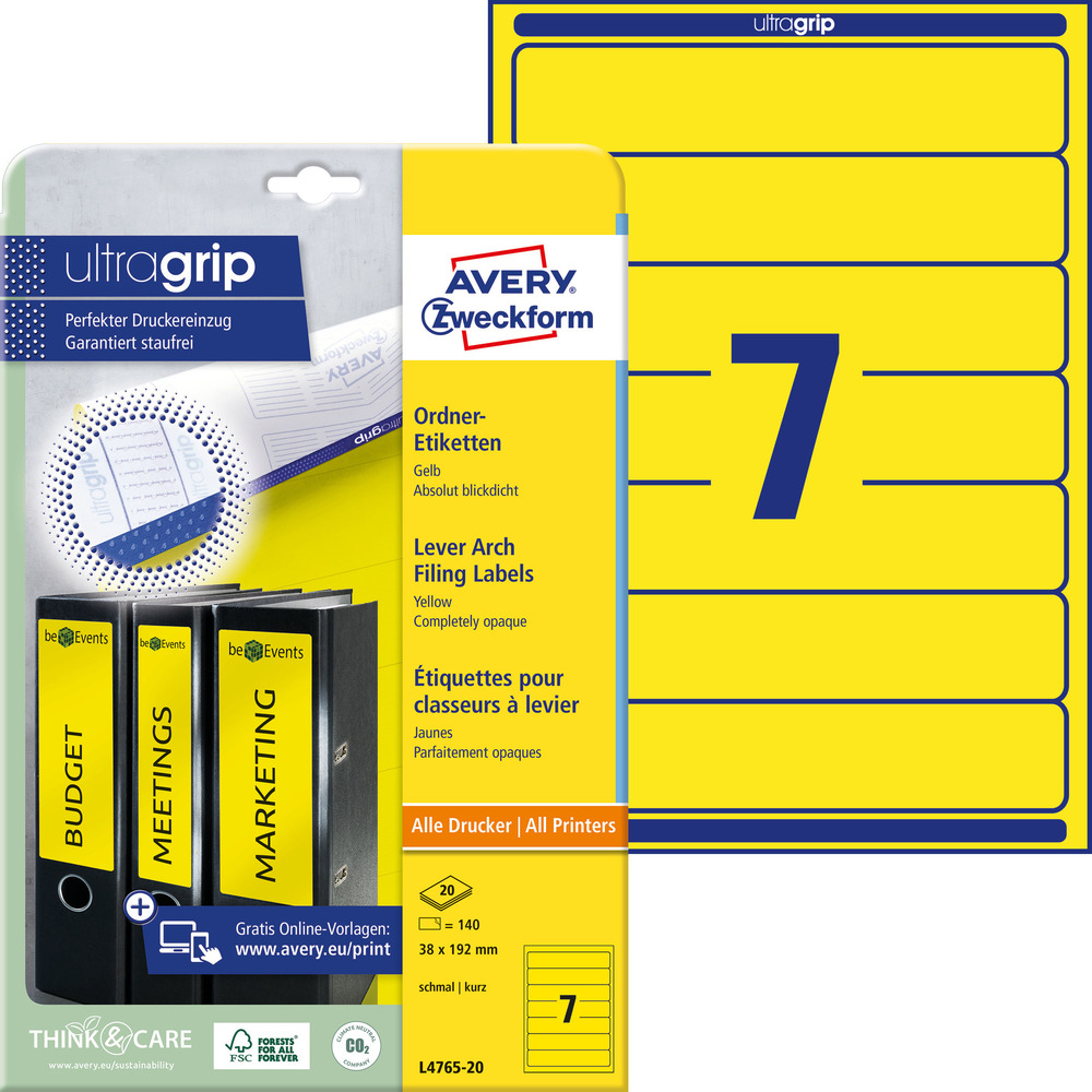 Etykiety na segregator Avery L4765-20, 192 x 38 żółte, wąskie, 700 etykiet