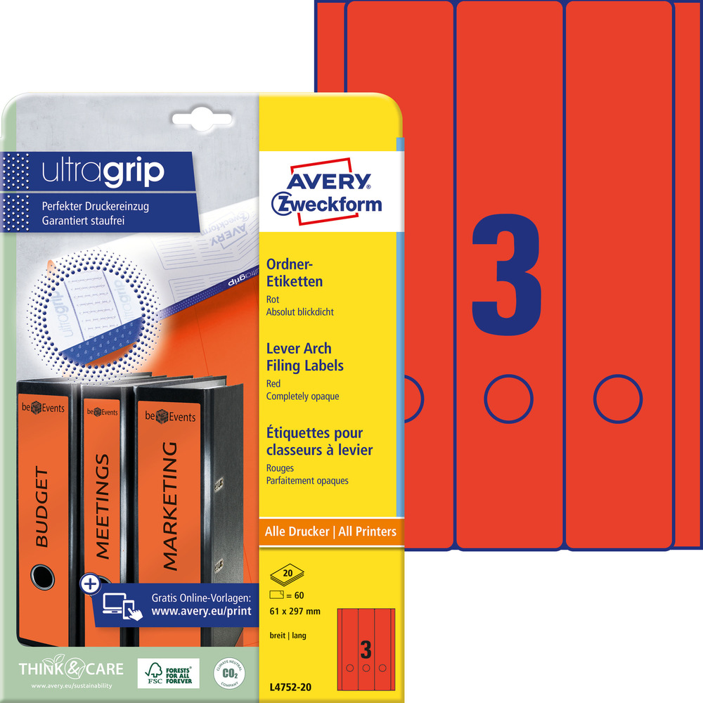 Etykieta na segregator Avery L4752-20, 61x297 czerwone, szerokie, długie, 60szt