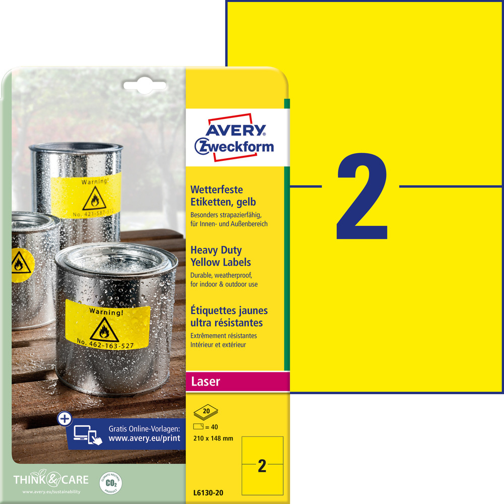 Etykiety poliestrowe wodoodporne Avery Zweckform L6130-20, żółte  210 x 148 mm