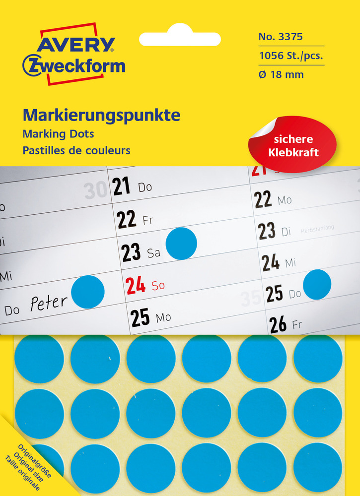 3375 Etykiety Avery Zweckfrom kółka samoprzylepne 18mm niebieskie 1056 szt.