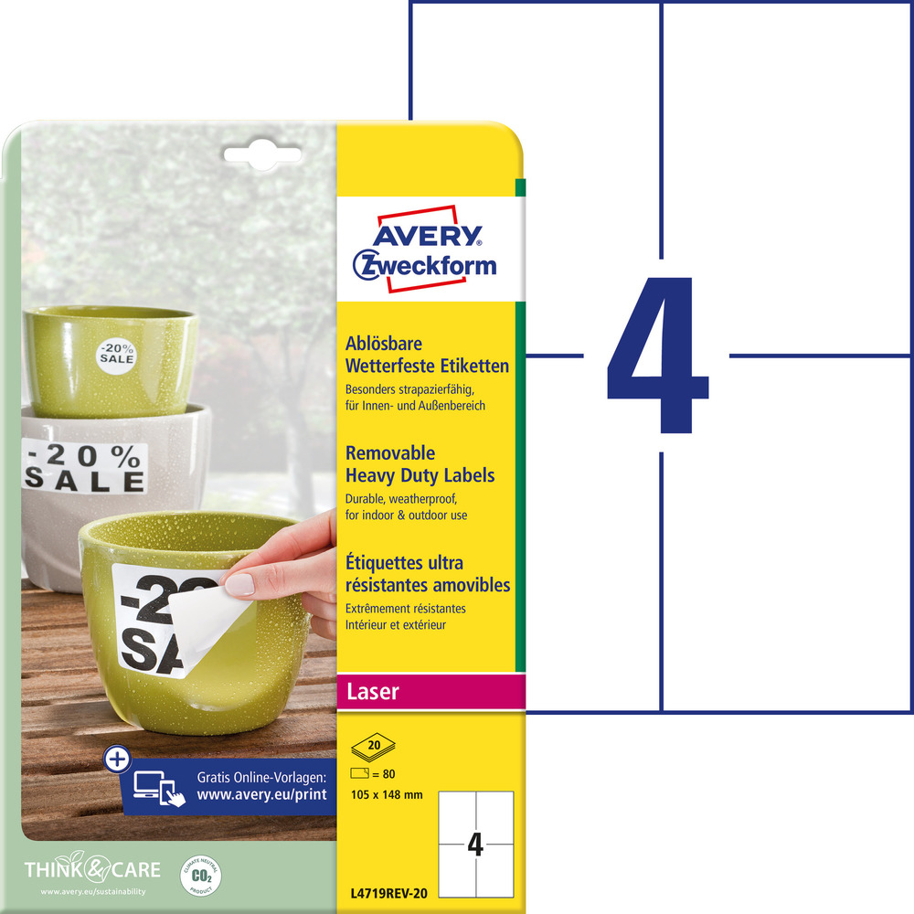 Etykiety poliestrowe usuwalne Avery Zweckform L4719REV-20 białe 105x148mm