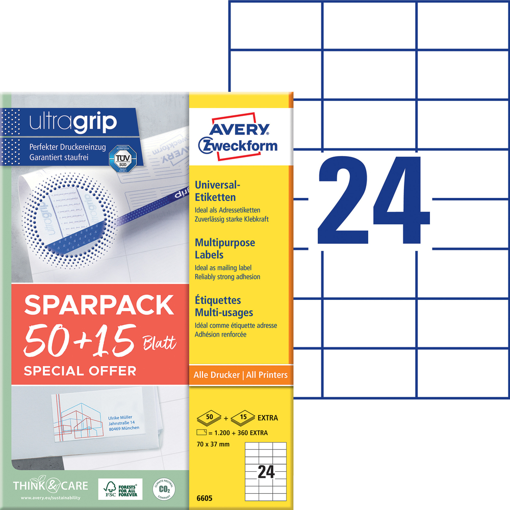 Etykiety uniwersalne Avery Zweckform 6605, rozmiar 70 x 37mm, 1560 etykiet