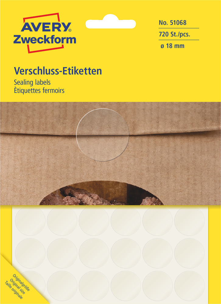 Etykieta foliowa do zaklejania opak. Ø 18mm Avery Zweckform 51068 op. 720 szt.