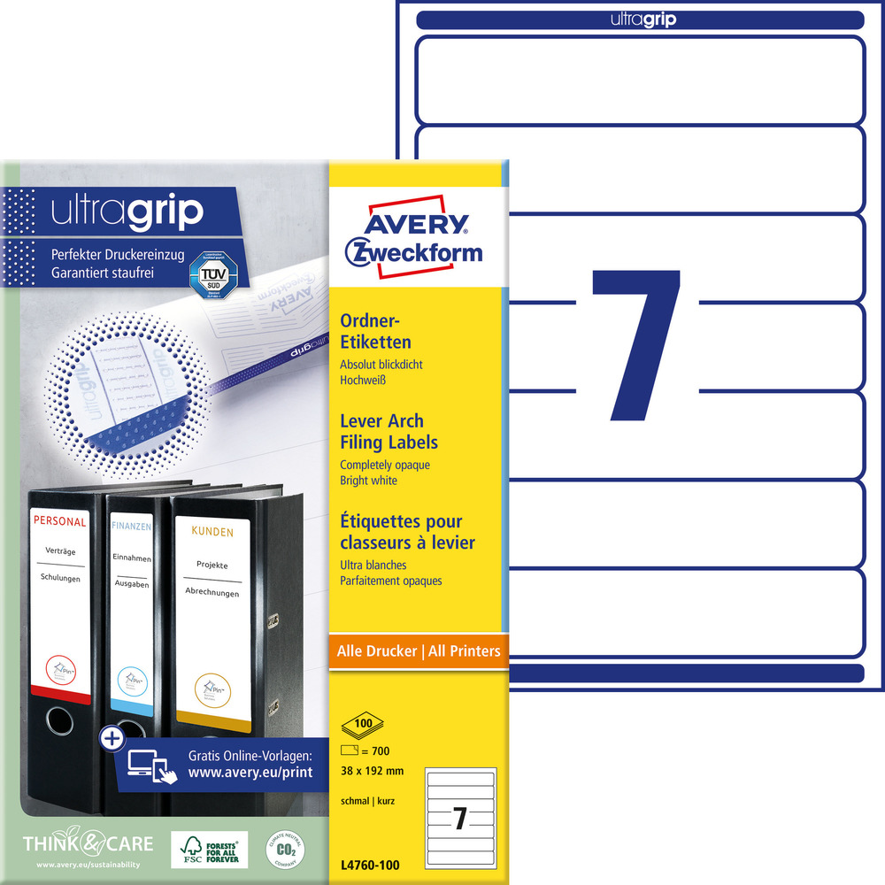 Etykiety na segregator Avery L4760-100, 192 x 38 białe, wąskie, 700 etykiet