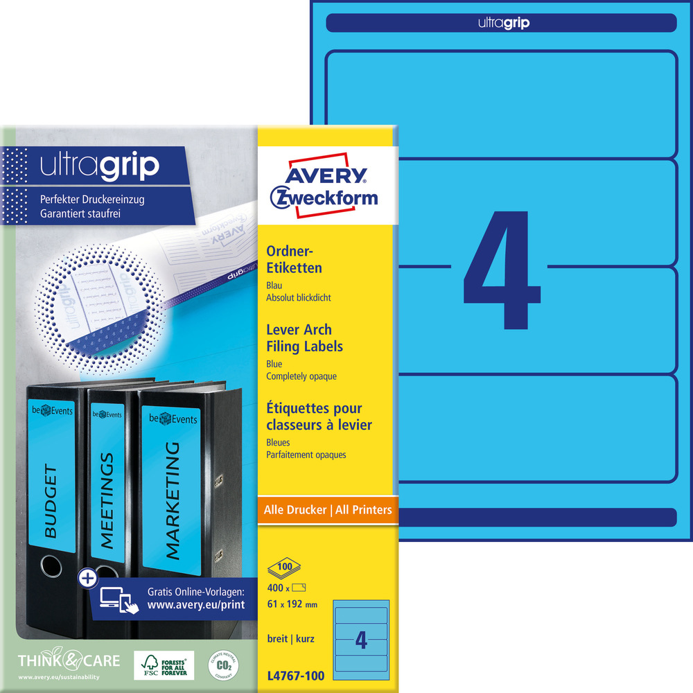 Etykieta na segregator Avery L4767-100, 192 x 61 niebieskie, szerokie, 400 etyki