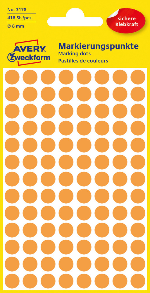 3178 Etykiety Avery Zweckform kółka o średnicy 8mm pomarańczowe neonowe