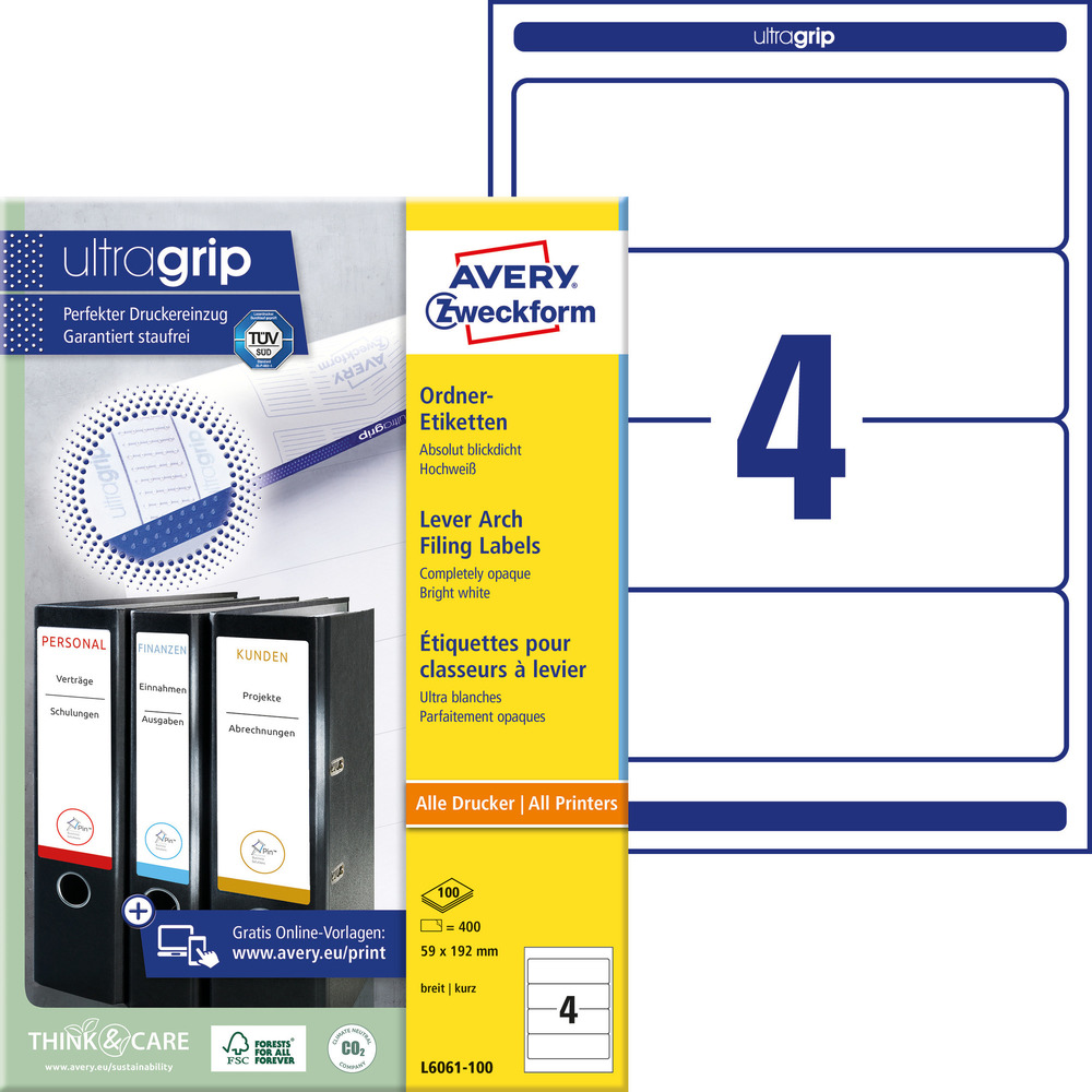 Etykiety na segregator Avery L6061-100, 192 x 59 białe, wąskie, 400 etykiet