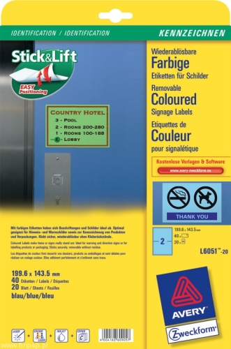 Etykieta kolorowa Avery Zweckform L6051 - 20, 199,6 x 143,5 niebieskie, 40 etyki