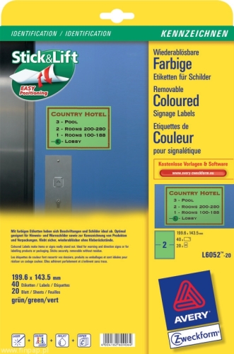 Etykieta kolorowa Avery Zweckform L6052 - 20, 199,6 x 143,5 zielone, 40 etykiet