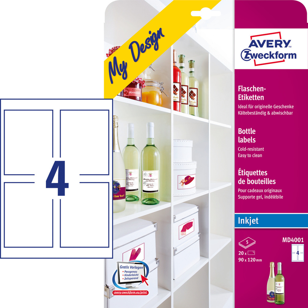 Etykiety Avery Zweckform MD4001 na butelki 90 x 120mm, 20 etykiet