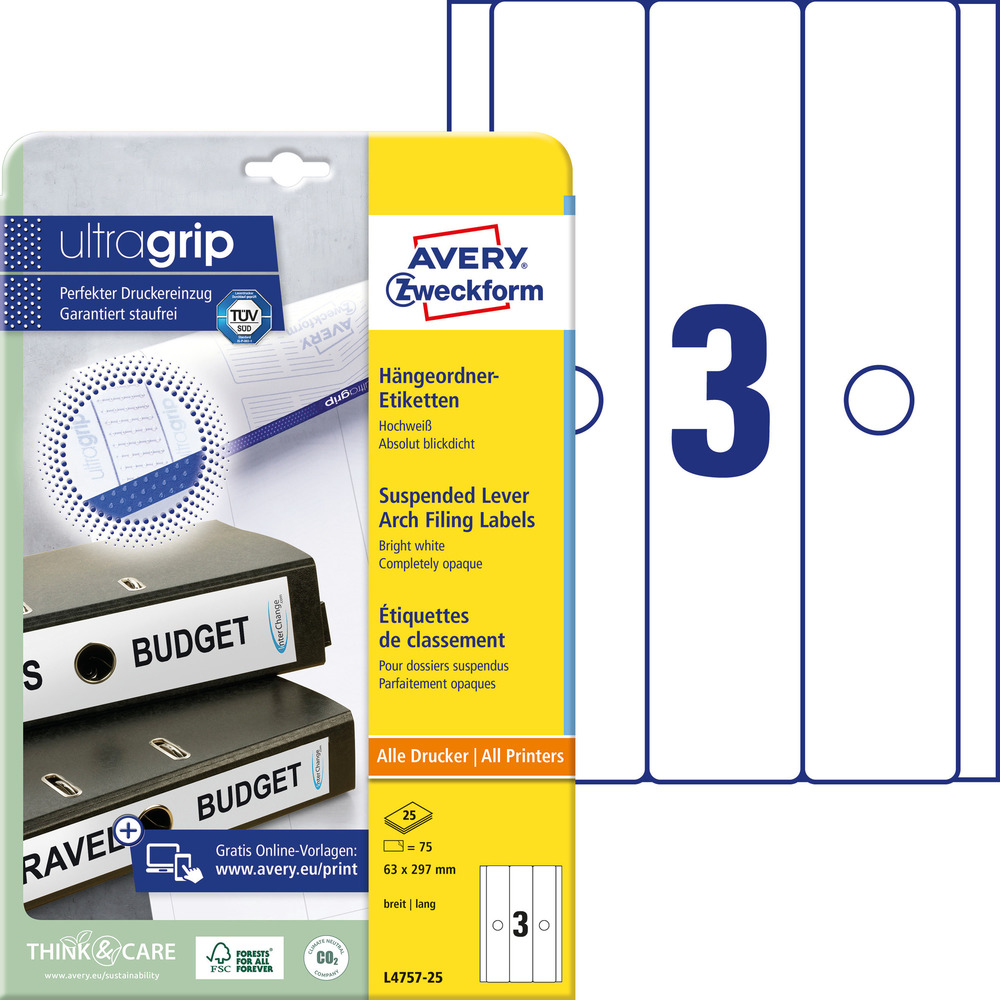 Etykieta na segregator podwieszany Avery L4757-25, 61 x 297 białe, 75 etykiet