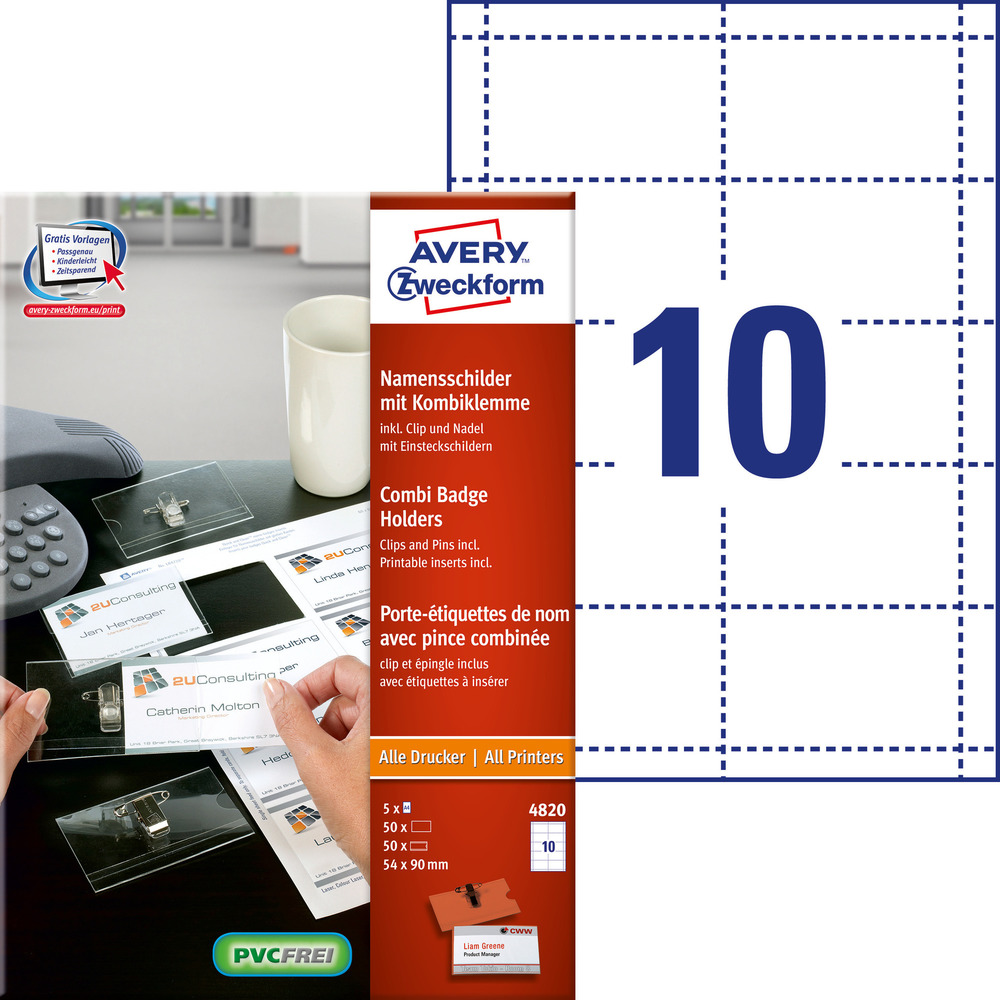 Identyfikator z klipsem i agrafką Avery Zweckform 4820 54 x 90mm 50 szt. 