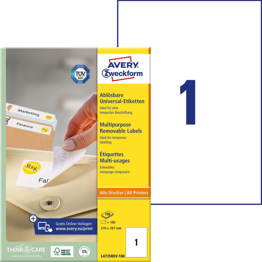 Etykiety papierowe A4 usuwalne L4735REV-100 rozmiar 210 x 297mm, 100 szt.