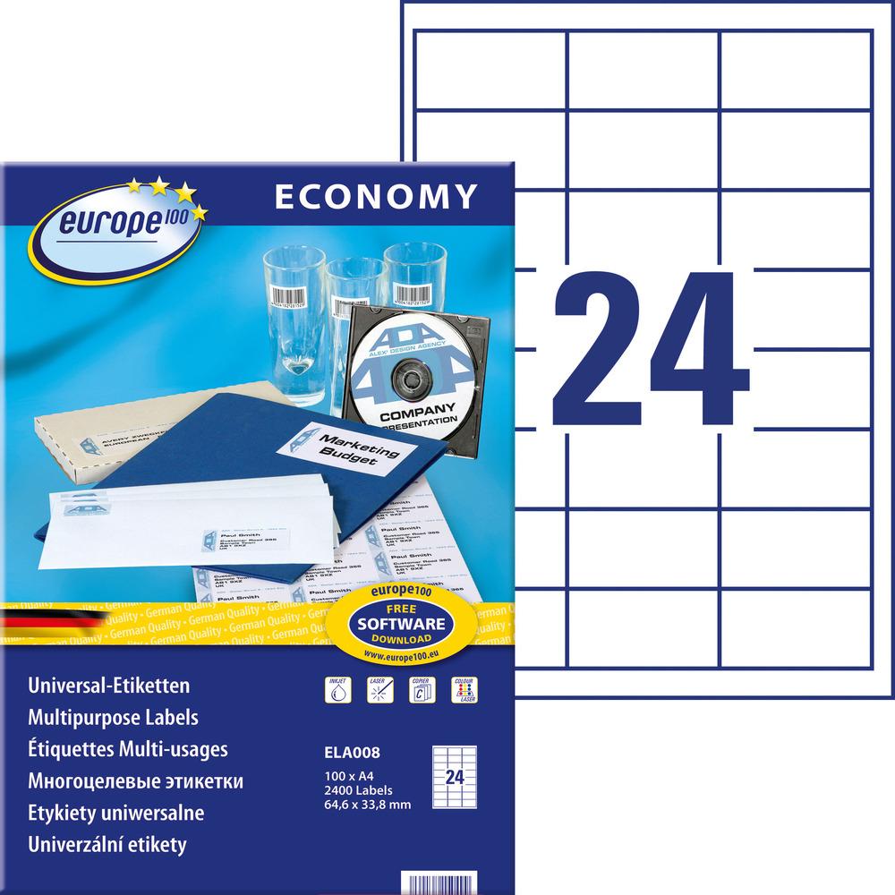 Etykieta uniwersalna Economy Europe100 ELA008 rozmiar 64,6 x 33,8 mm 2400 szt.