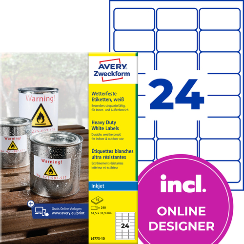 Etykiety wodoodporne InkJet Avery Zweckform J4773-10 poliesterowe 63,5x33,9 mm