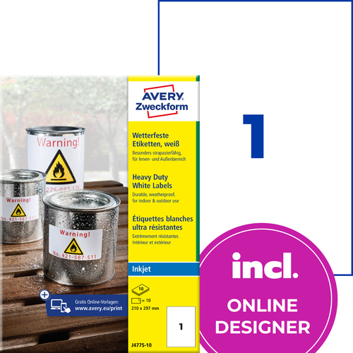 Etykiety wodoodporne InkJet Avery Zweckform J4775-10 poliesterowe 210x297 mm