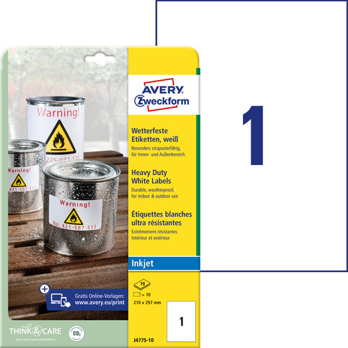 Etykiety wodoodporne InkJet Avery Zweckform J4775-10 poliesterowe 210x297 mm