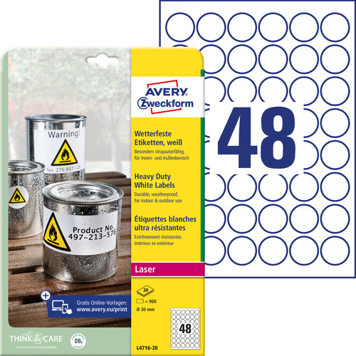 Etykiety poliestrowe wodoodporne Avery Zweckform L4716-20 białe kółka 30mm