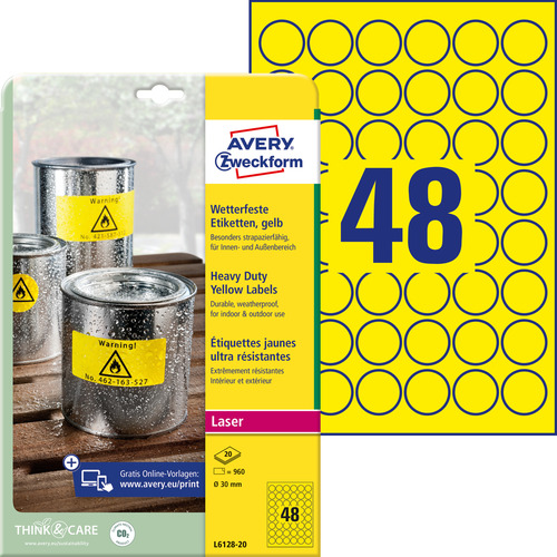 Etykiety poliestrowe wodoodporne Avery Zweckform L6128-20 żółte kółka 30mm