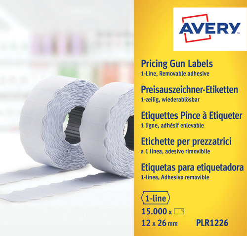 Etykiety do metkownic 1 rzędowe 26x12 mm 1500 szt. Avery PLR1226 usuwalne