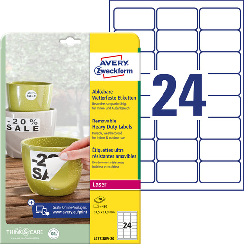 Etykiety poliestrowe Avery Zweckform usuwalne L4773REV-20 białe 63,5x33,9mm