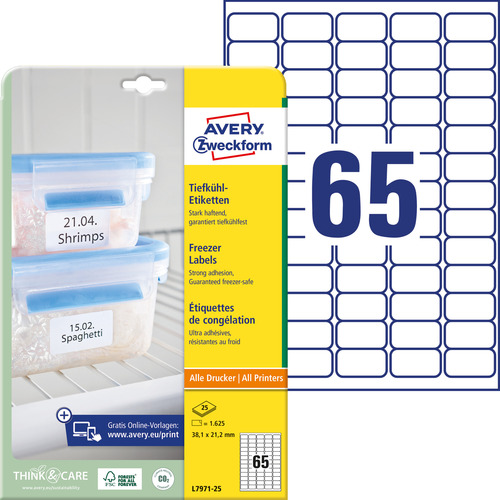 Etykiety na mrożonki Avery Zweckform L7971-25 białe 38,1 x 21,2 mm 1625 etykiet
