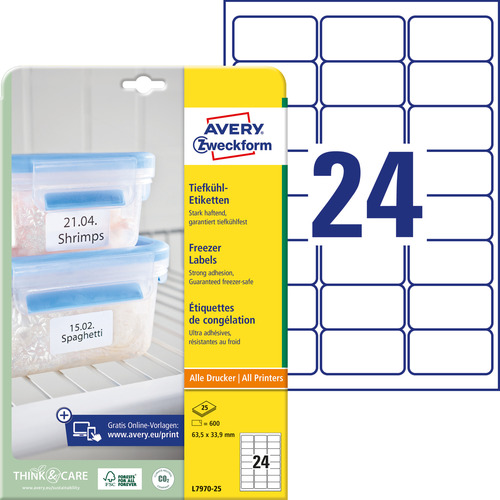 Etykiety na mrożonki Avery Zweckform L7970-25 białe 63,5 x 33,9 mm 600 etykiet