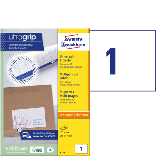 Etykiety uniwersalne A5 Avery Zweckform 6135 rozmiar 210 x 148 mm 200 etykiet