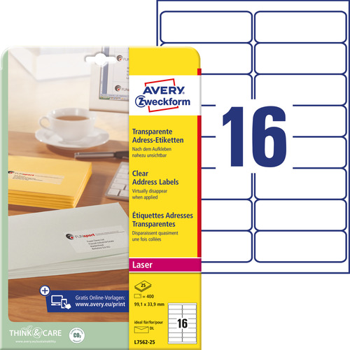 Etykieta adresowa L7562-25 Avery 99,1 x 33,9 mm transparentna 400 etykiet