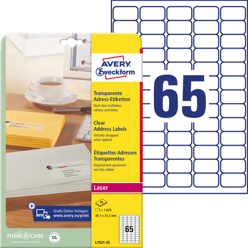 Etykieta adresowa L7551-25 Avery 38,1 x 21,2 mm transparentna 1625 etykiet