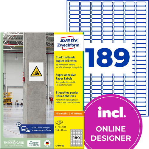 Etykiety na beton Avery Zweckform L7871-20 rozmiar 25,4 x 10,0 mm 3780 etykiet