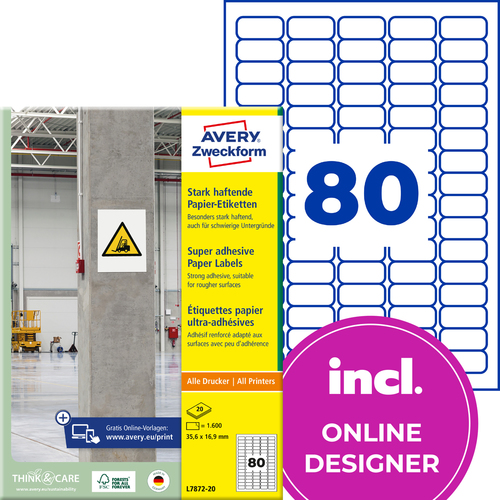 Etykiety na beton Avery Zweckform L7872-20 rozmiar 35,6 x 16,9 mm 1600 etykiet