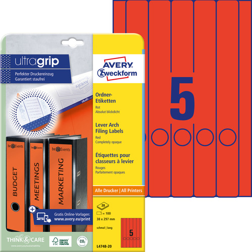 Etykieta na segregator Avery L4748-20, 38 x 297 czerwone wąskie, długie, 100 szt