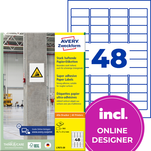 Etykiety na beton Avery Zweckform L7873-20 rozmiar 45,7 x 21,2 mm 960 etykiet