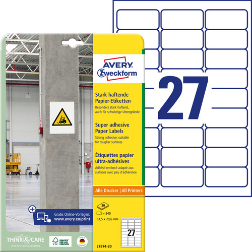 Etykiety na beton Avery Zweckform L7874-20 rozmiar 63,5 x 29,6 mm 540 etykiet