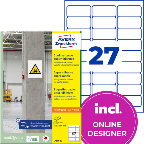 Etykiety na beton Avery Zweckform L7874-20 rozmiar 63,5 x 29,6 mm 540 etykiet
