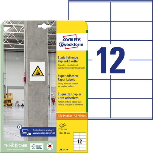 Etykiety na beton Avery Zweckform L7875-20 rozmiar 105,0 x 48,0 mm 240 etykiet