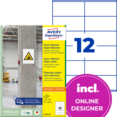 Etykiety na beton Avery Zweckform L7875-20 rozmiar 105,0 x 48,0 mm 240 etykiet