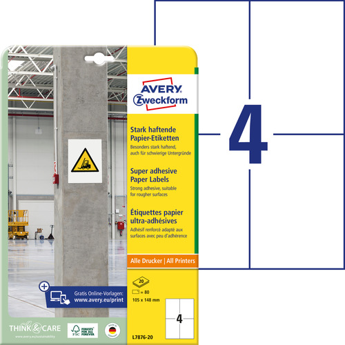 Etykiety na beton Avery Zweckform L7876-20 rozmiar 105,0 x 148,0 mm 80 etykiet