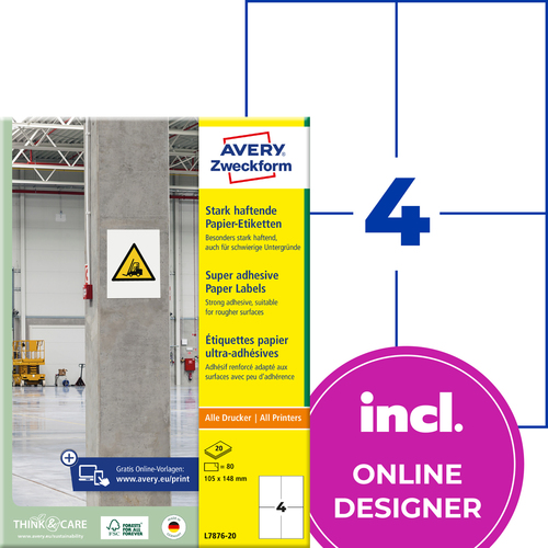 Etykiety na beton Avery Zweckform L7876-20 rozmiar 105,0 x 148,0 mm 80 etykiet
