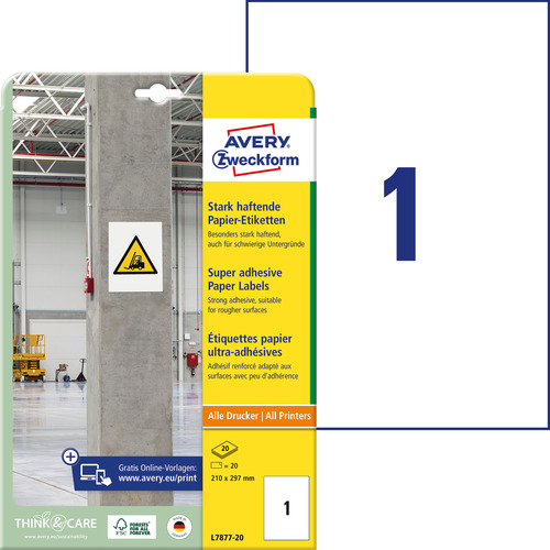 Etykiety na beton Avery Zweckform L7877-20 rozmiar 210,0 x 297,0 mm 20 etykiet