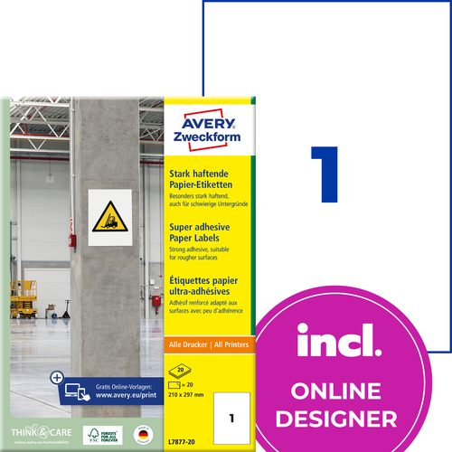 Etykiety na beton Avery Zweckform L7877-20 rozmiar 210,0 x 297,0 mm 20 etykiet