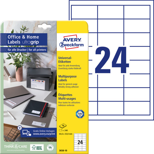 Etykiety papierowe Avery Zweckform 3658-10 rozmiar 64,6 x 33,8mm 240 etykiet