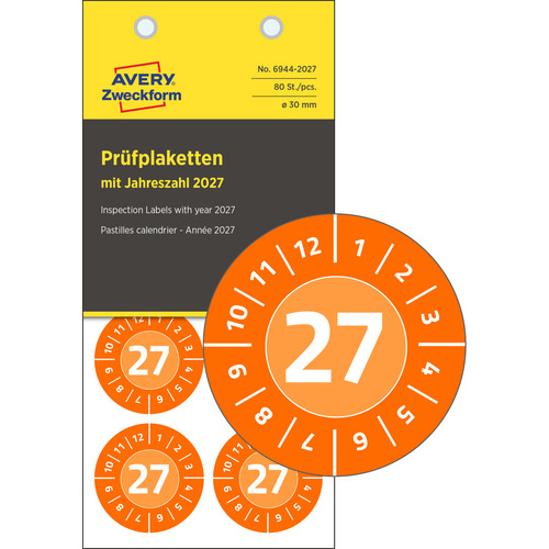 Tabliczki inspekcyjne winylowe 2027r. Avery Zweckform 6944-2027 Ø30 80 szt.