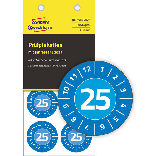 Naklejki inspekcyjne NoPeel 2025 r. Avery Zweckform 6946-2025 Ø30 80 szt.