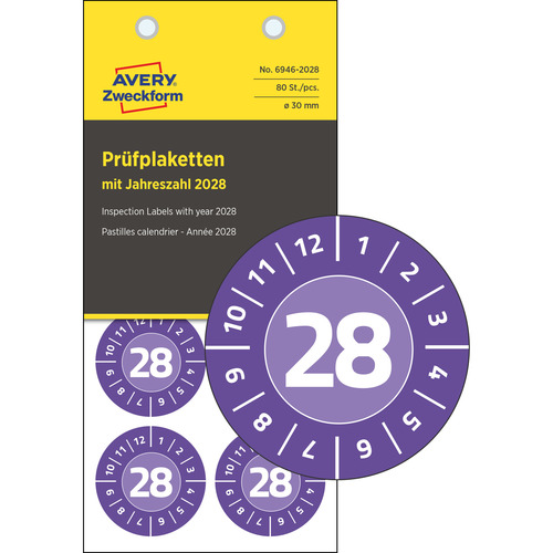 Naklejki inspekcyjne NoPeel 2028 r. Avery Zweckform 6946-2028 Ø30 80 szt.