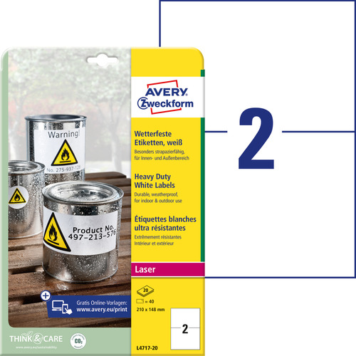 Etykiety poliestrowe wodoodporne Avery Zweckform L4717-20 białe 210x148mm