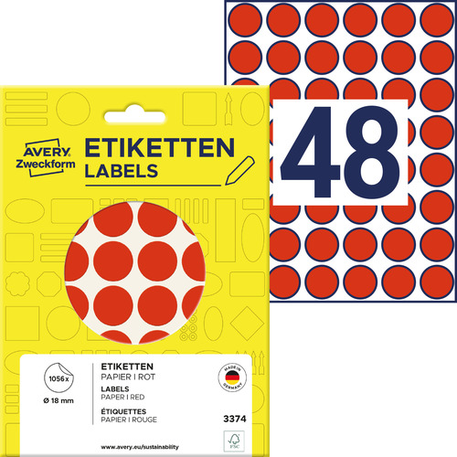 3374 Etykiety Avery Zweckfrom kółka samoprzylepne 18mm czerwone 1056 szt.