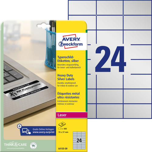 Etykiety znamionowe srebrne Avery Zweckform L6133-20 rozmiar 70 x 37 mm